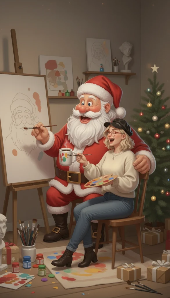 Advent 2025 - Eine Illustration auf der die Künstlerin mit dem Weihnachtsmann lachend etwas an der Staffelei malt.