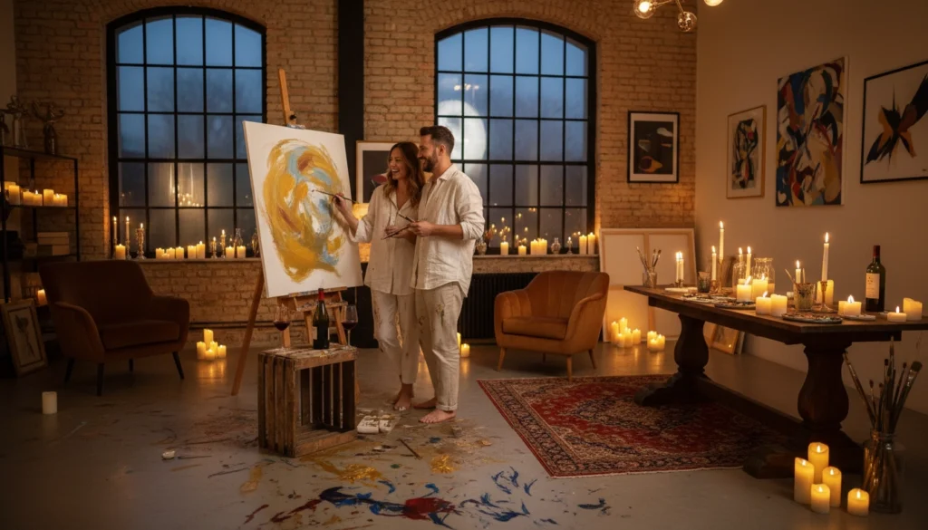 kreatives Date im FavoriteRoom - Pärchen steht gemeinsam zwischen Kerzen vor einer Leinwand