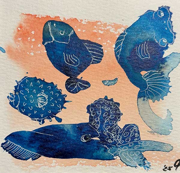 Drache in den Wolken - modernes Aquarell zeigt Fische aus Tintenklecksen