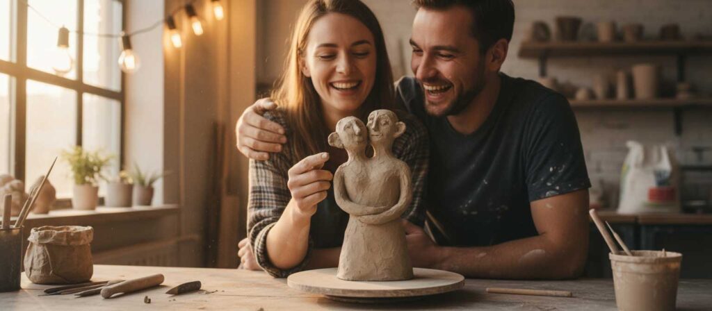 Valentinstag im Atelier - ein Paar mit einer Tonskulptur
