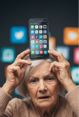 Digitale Sprechstunde - Hilfe für Senioren - Das Bild zeigt eine ältere Frau die ein Handy über dem Kopf hält