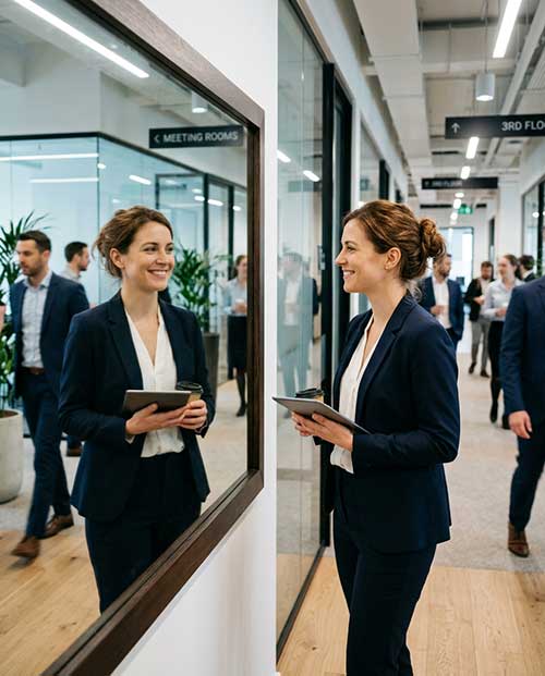 Innenspiegel - Eine Frau schaut entspannt im Job in den Spiegel.
