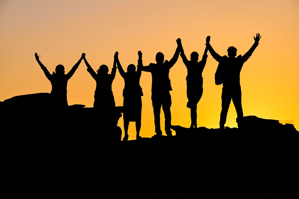 Mentoring, wie du es noch nicht erlebt hast. A group of silhouetted people holding hands triumphantly at sunset.